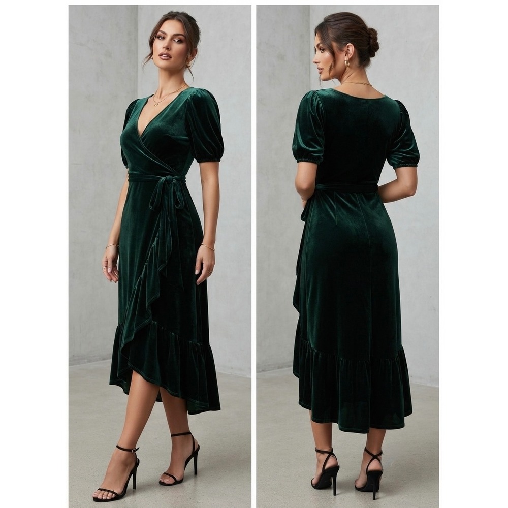 Lucy Paris Womens Emerald Green Velvet Wrap Dress Puff Sleeve High Low Small